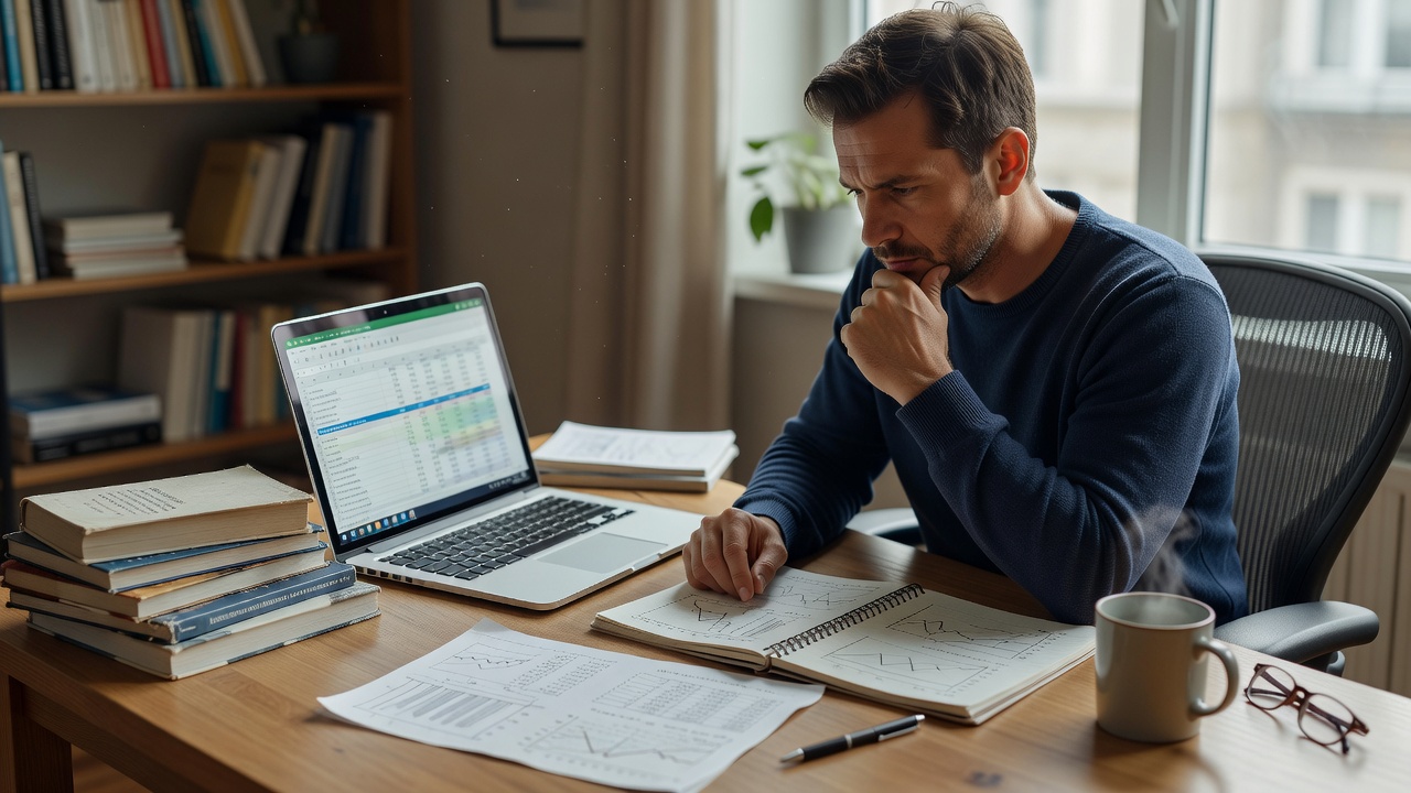 Adult learner reviewing spreadsheet notes beside a laptop at a quiet study desk